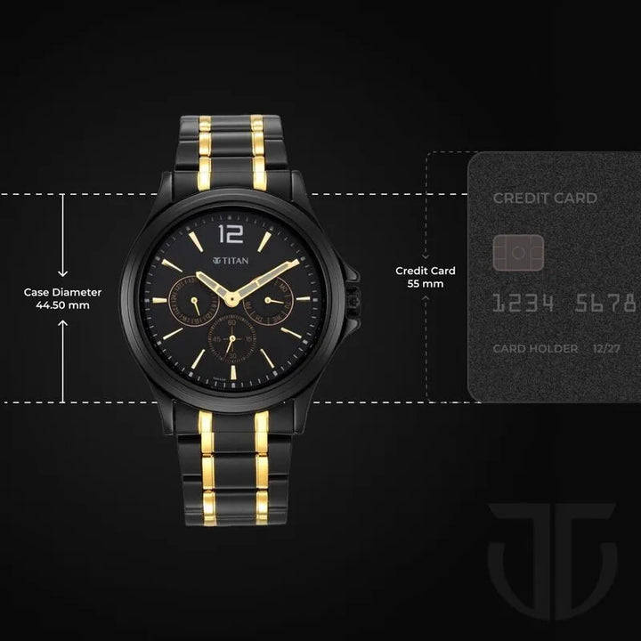 Titan Black &amp; Gold 1698KM02 Black Dial Multifunction Men&