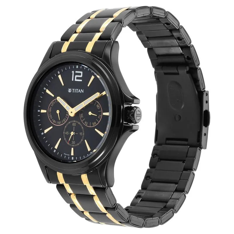 Titan Black &amp; Gold 1698KM02 Black Dial Multifunction Men&