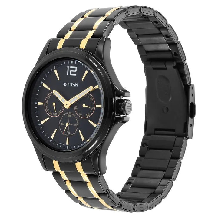 Titan Black &amp; Gold 1698KM02 Black Dial Multifunction Men&