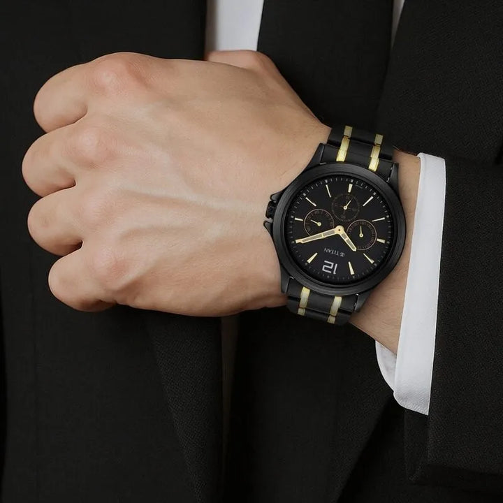 Titan Black &amp; Gold 1698KM02 Black Dial Multifunction Men&