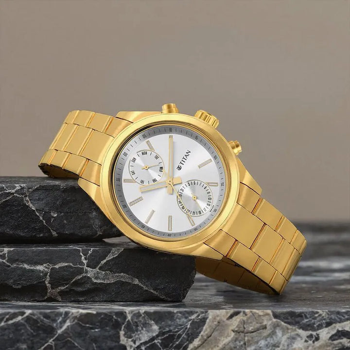 Titan Black &amp; Gold Silver Dial Quartz Multifunction Men&