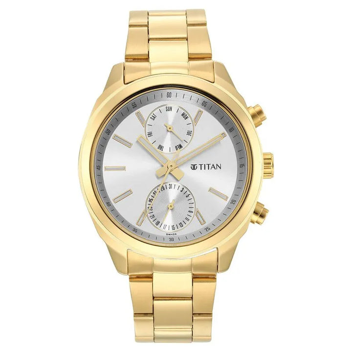 Titan Black &amp; Gold Silver Dial Quartz Multifunction Men&