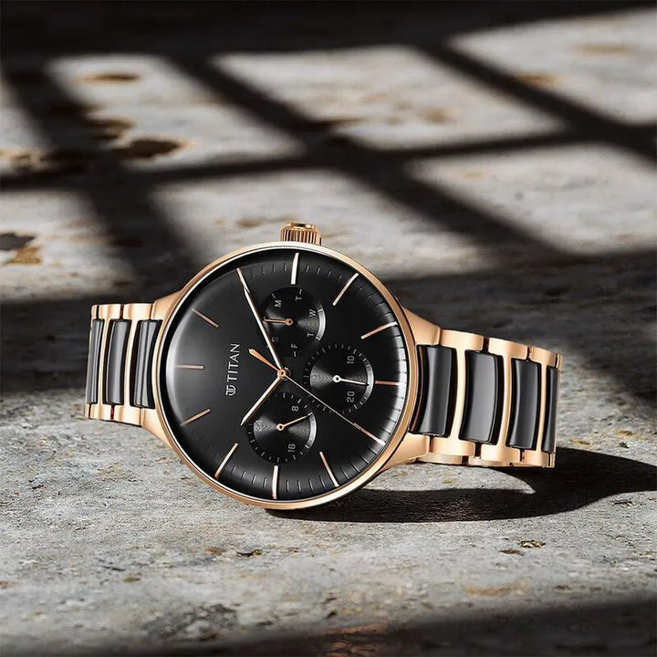 Titan Ceramic Fusion Quartz Multifunction Black Dial Rose Gold Dual-Toned Stainless Steel Bracelet Men&