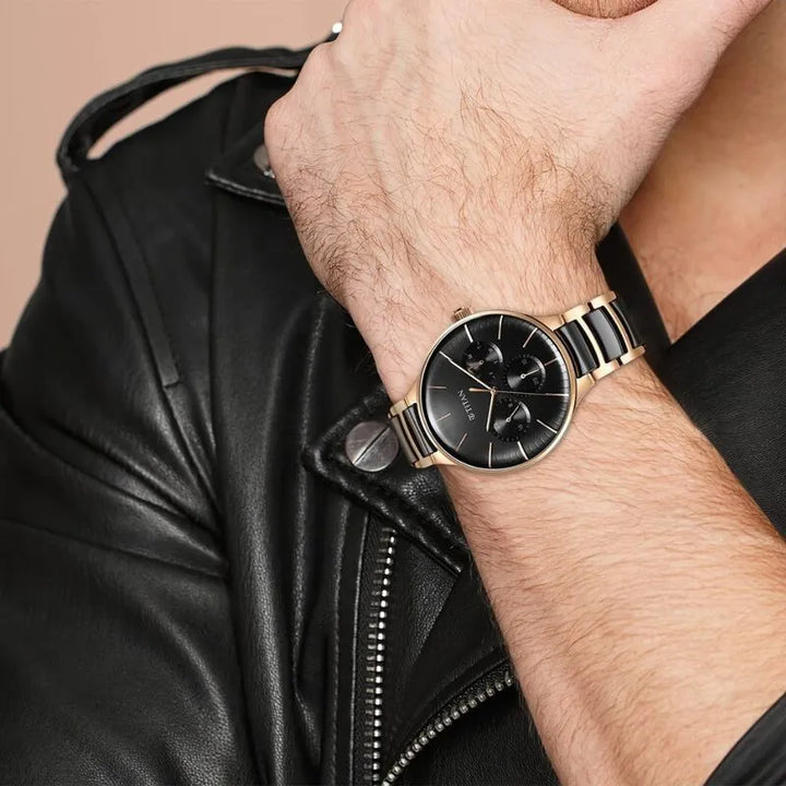 Titan Ceramic Fusion Quartz Multifunction Black Dial Rose Gold Dual-Toned Stainless Steel Bracelet Men&