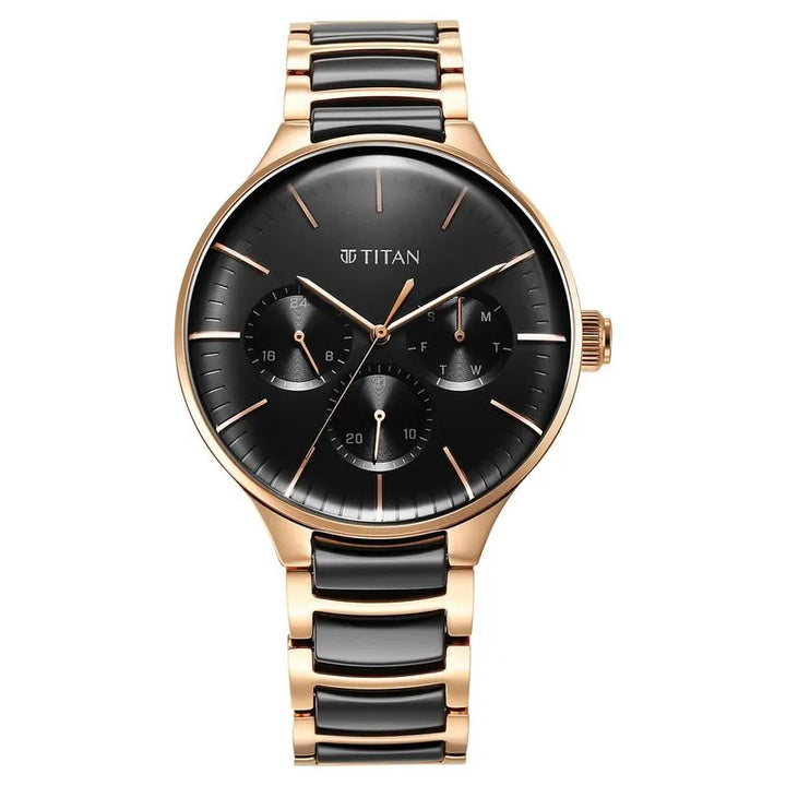 Titan Ceramic Fusion Quartz Multifunction Black Dial Rose Gold Dual-Toned Stainless Steel Bracelet Men&