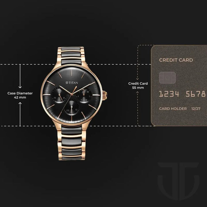 Titan Ceramic Fusion Quartz Multifunction Black Dial Rose Gold Dual-Toned Stainless Steel Bracelet Men&