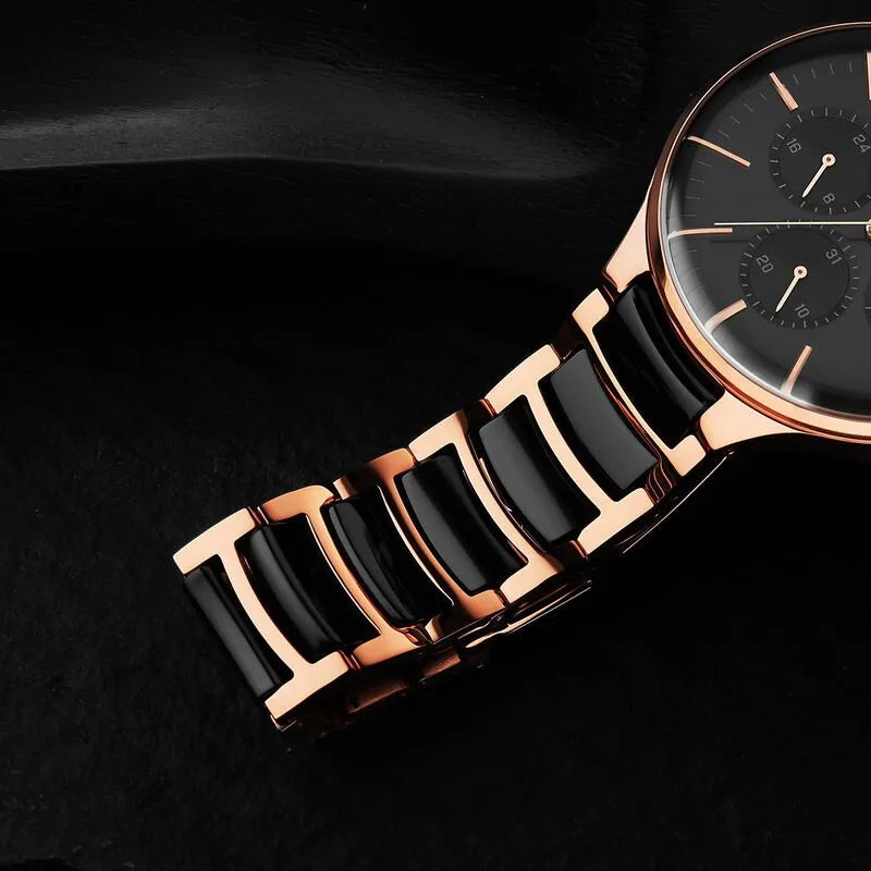 Titan Ceramic Fusion Quartz Multifunction Black Dial Rose Gold Dual-Toned Stainless Steel Bracelet Men&