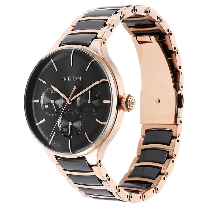 Titan Ceramic Fusion Quartz Multifunction Black Dial Rose Gold Dual-Toned Stainless Steel Bracelet Men&
