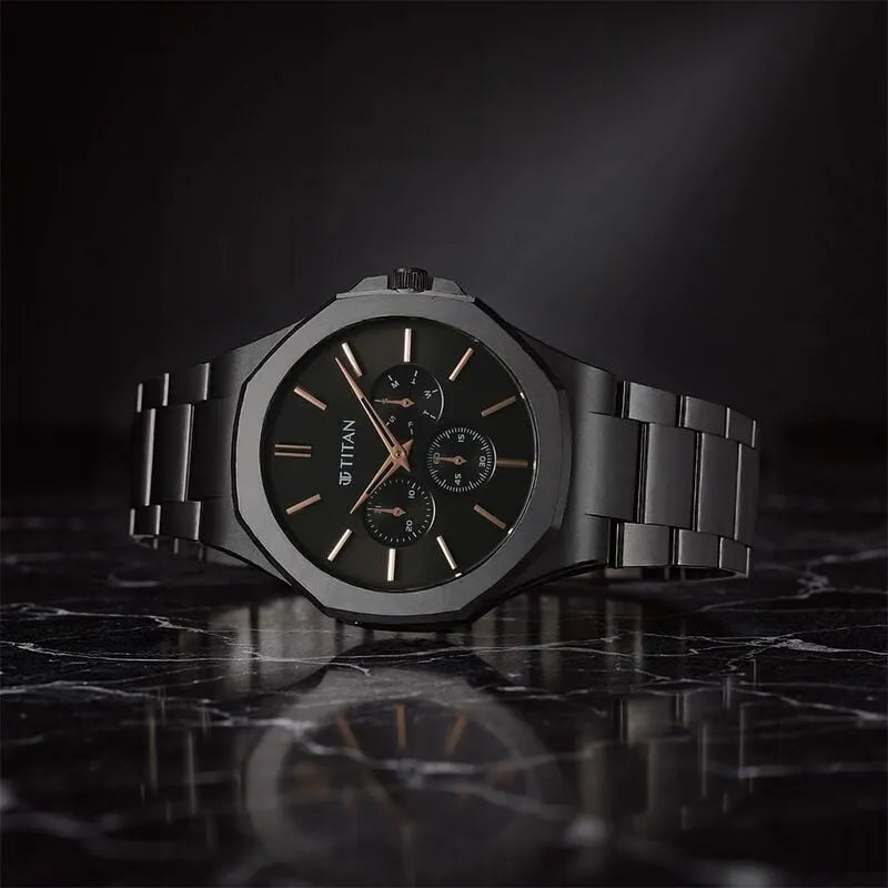Titan Classic Slim Multifunction Quartz Black Dial Men&