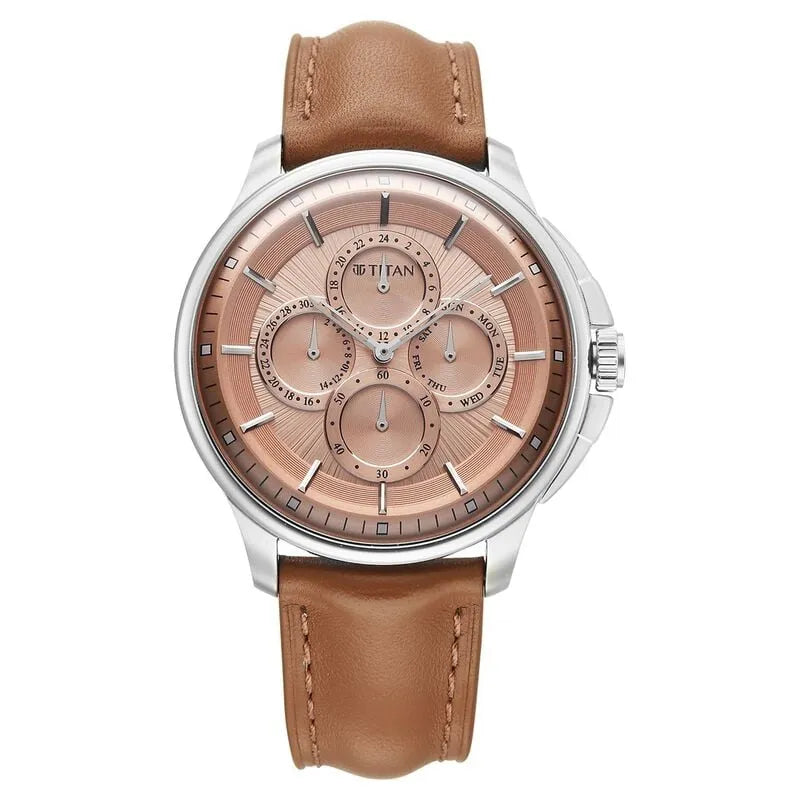 Titan Classique Four Eye Multifunction Salmon Dial Brown Leather Strap Men&