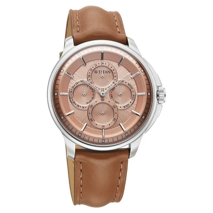 Titan Classique Four Eye Multifunction Salmon Dial Brown Leather Strap Men&