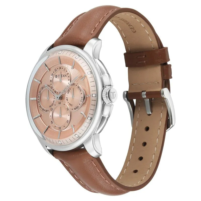 Titan Classique Four Eye Multifunction Salmon Dial Brown Leather Strap Men&