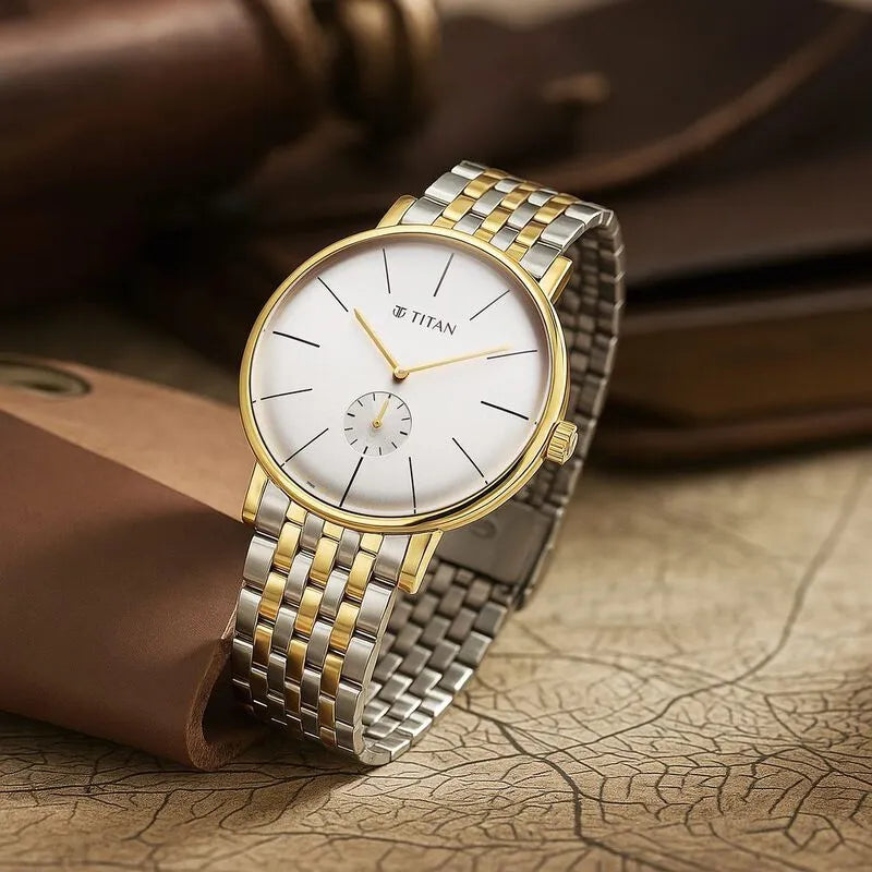 Titan Elegance Analog Small Second White Dial Two Toned Stainless Steel Men&