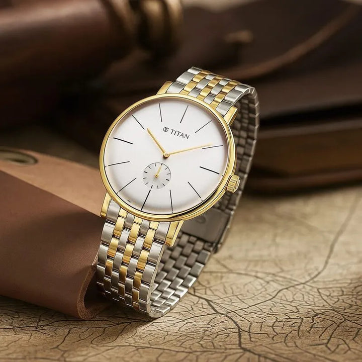 Titan Elegance Analog Small Second White Dial Two Toned Stainless Steel Men&