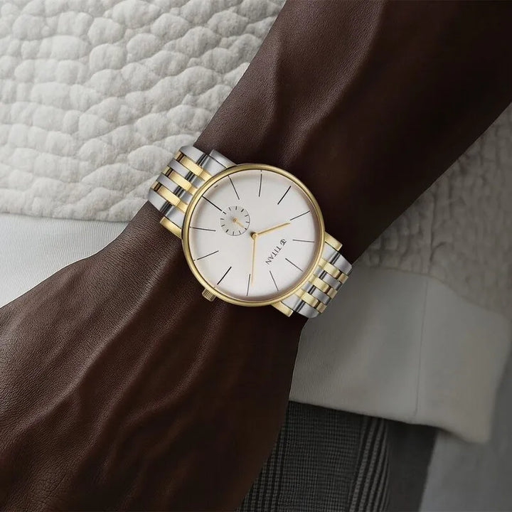 Titan Elegance Analog Small Second White Dial Two Toned Stainless Steel Men&