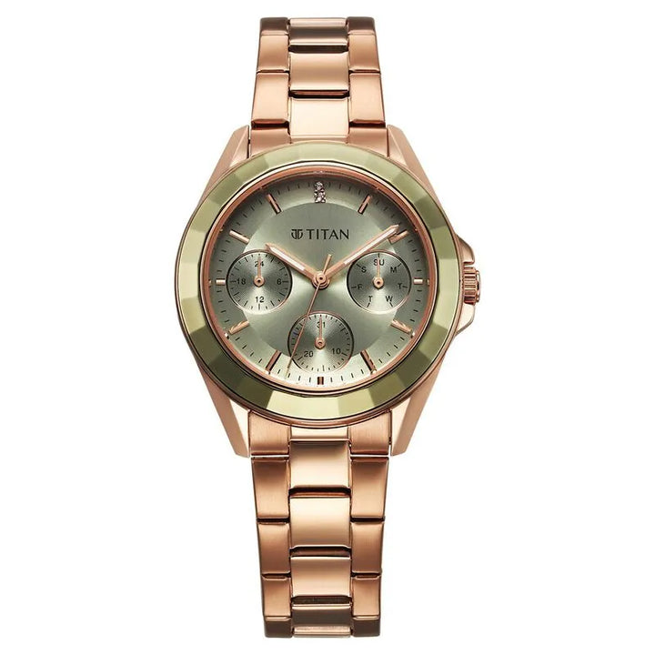 Titan Glamour 95315KM03 Green Dial Rose Gold Women&