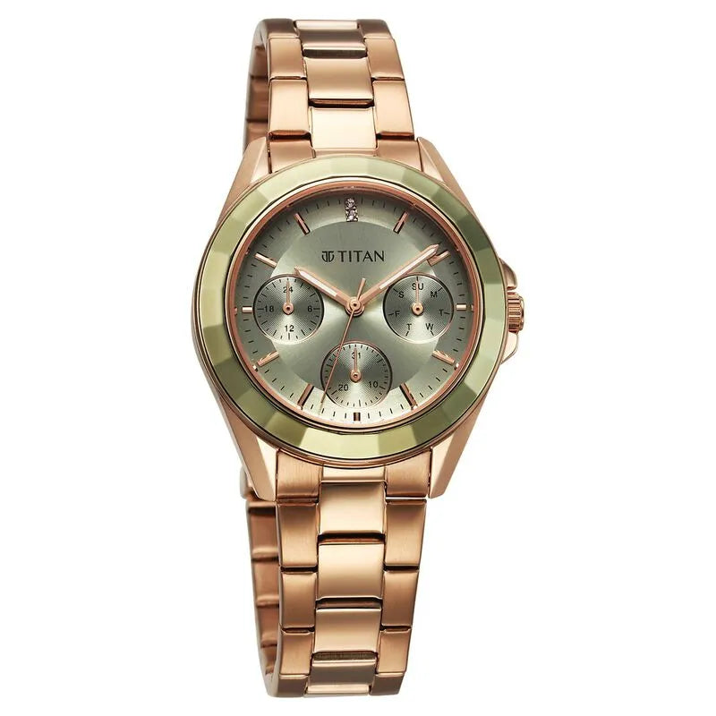 Titan Glamour 95315KM03 Green Dial Rose Gold Women&