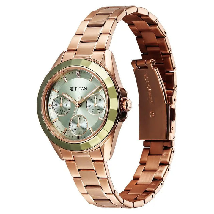 Titan Glamour 95315KM03 Green Dial Rose Gold Women&