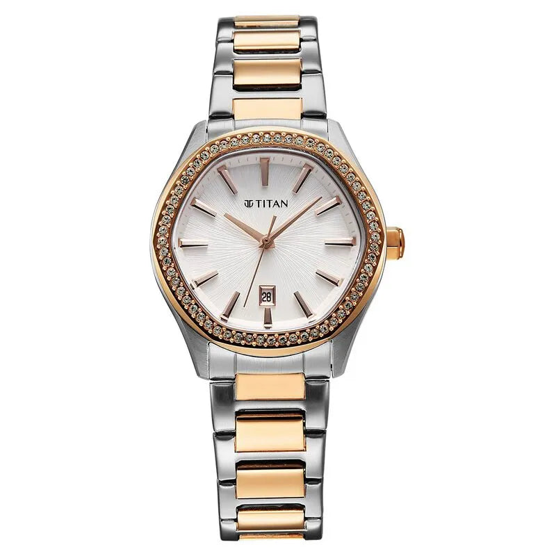 Titan Glamour 95326KM01 Silver Dial Two Toned Women&