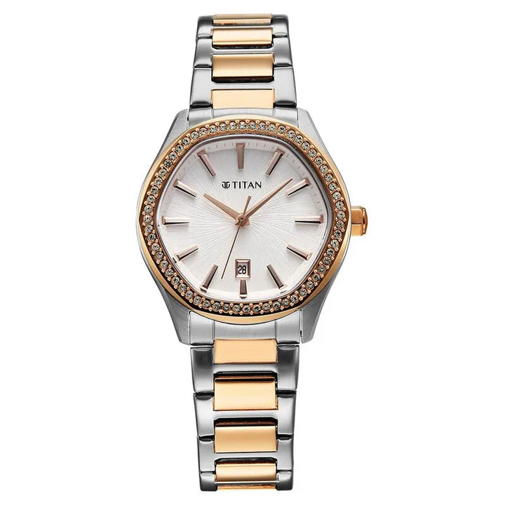 Titan Glamour 95326KM01 Silver Dial Two Toned Women&