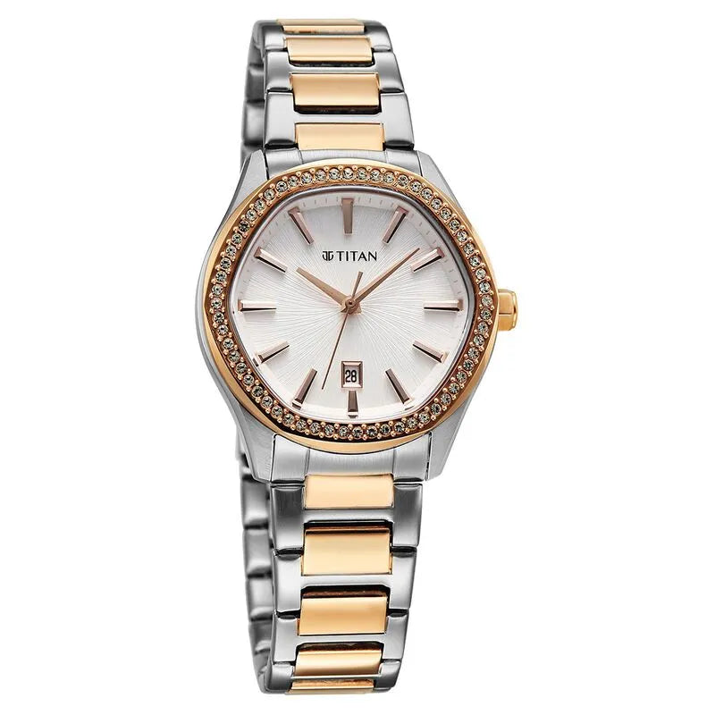 Titan Glamour 95326KM01 Silver Dial Two Toned Women&