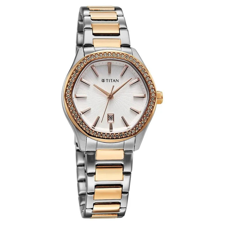 Titan Glamour 95326KM01 Silver Dial Two Toned Women&