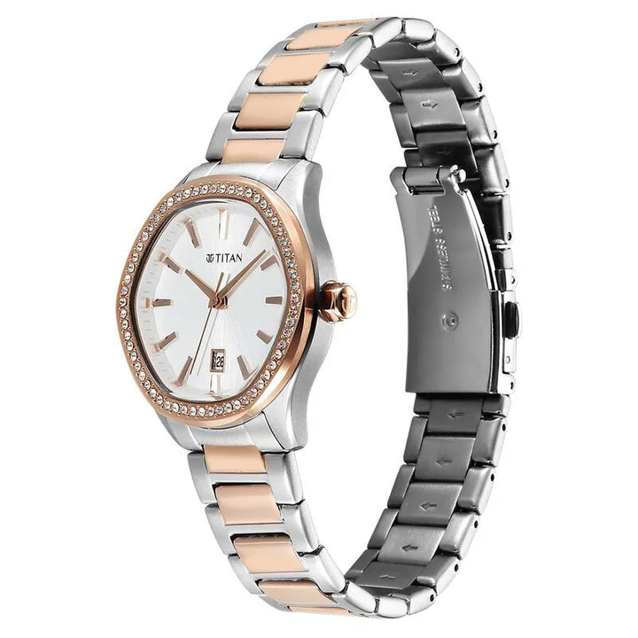 Titan Glamour 95326KM01 Silver Dial Two Toned Women&