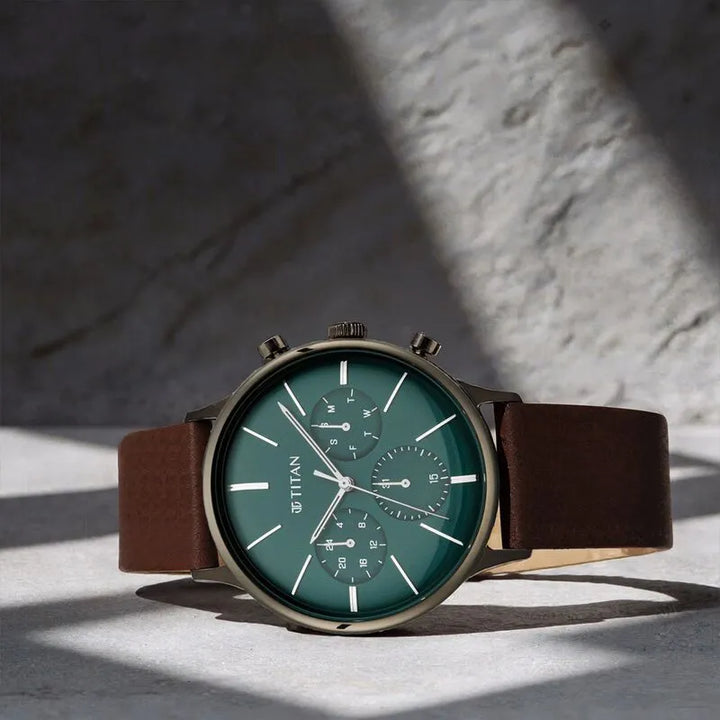 Titan Light Leathers 90134QL01 Green Dial Men&