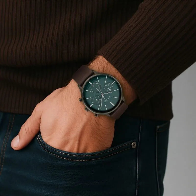 Titan Light Leathers 90134QL01 Green Dial Men&