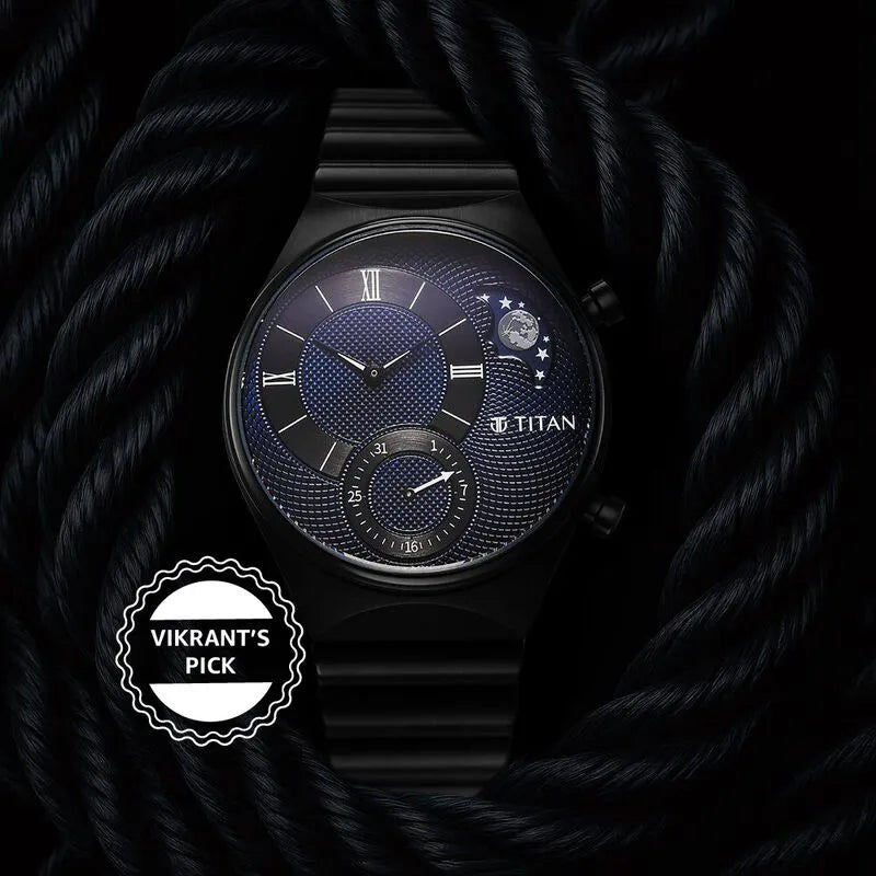 Titan Micromotors Analog Date Sun-Moon Sub-Dial Blue Dial Black Stainless Steel Strap Men&