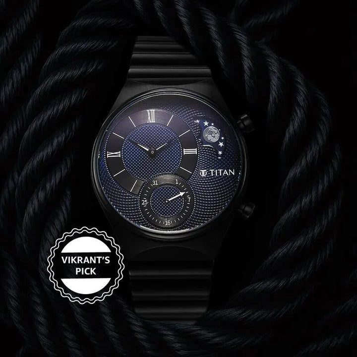 Titan Micromotors Analog Date Sun-Moon Sub-Dial Blue Dial Black Stainless Steel Strap Men&