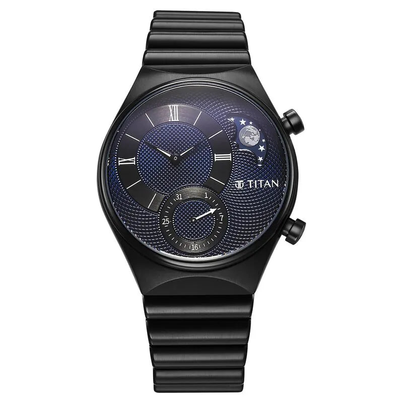Titan Micromotors Analog Date Sun-Moon Sub-Dial Blue Dial Black Stainless Steel Strap Men&