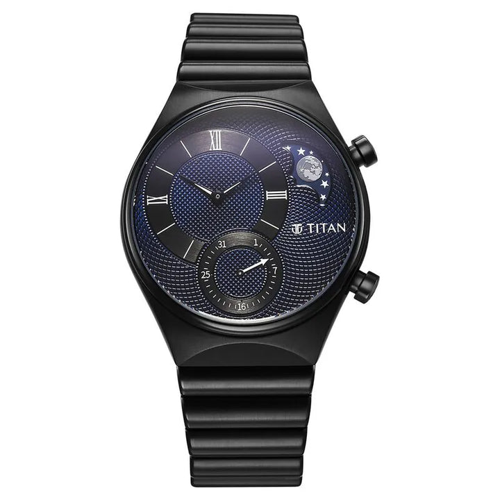 Titan Micromotors Analog Date Sun-Moon Sub-Dial Blue Dial Black Stainless Steel Strap Men&