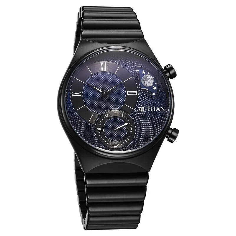 Titan Micromotors Analog Date Sun-Moon Sub-Dial Blue Dial Black Stainless Steel Strap Men&