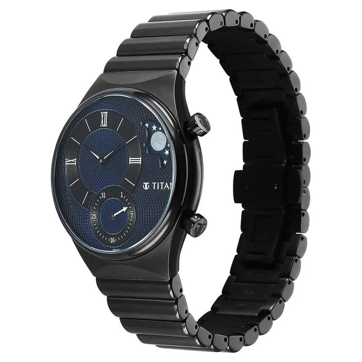 Titan Micromotors Analog Date Sun-Moon Sub-Dial Blue Dial Black Stainless Steel Strap Men&