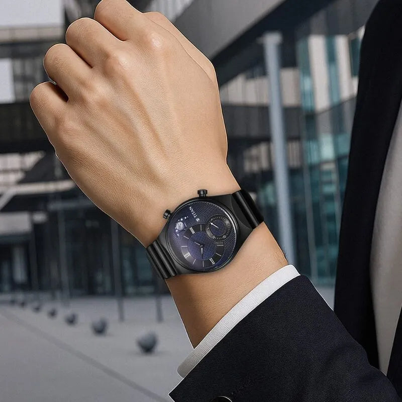 Titan Micromotors Analog Date Sun-Moon Sub-Dial Blue Dial Black Stainless Steel Strap Men&