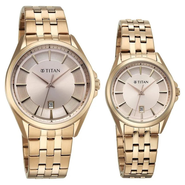 Titan Modern Bandhan Rose Gold Dial Stainless Steel Couple Watch 9401594215wm01
