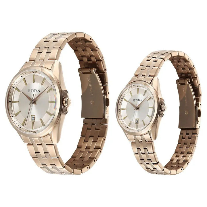 Titan Modern Bandhan Rose Gold Dial Stainless Steel Couple Watch 9401594215wm01