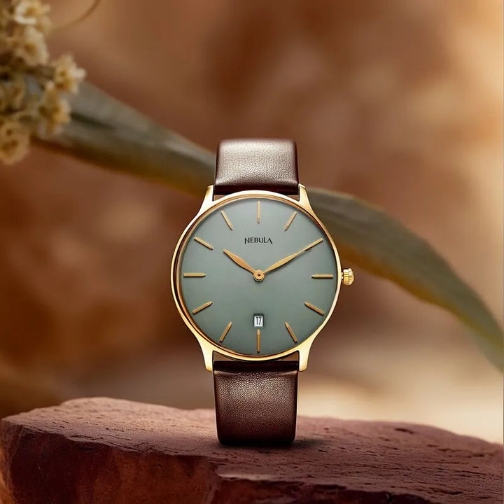 Titan Nebula Lustre 18k Gold Analog Leather Strap Men&