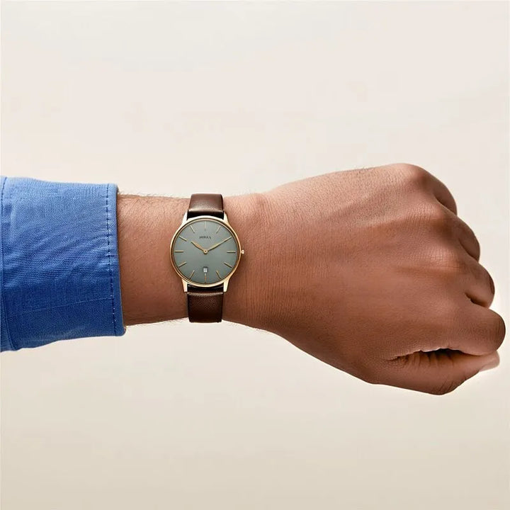 Titan Nebula Lustre 18k Gold Analog Leather Strap Men&