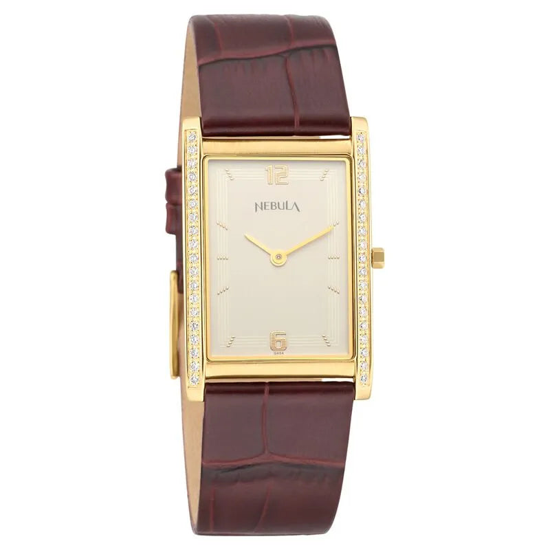 Titan Nebula Ultraslim 18k Gold Diamond Bezel Leather Strap Men&