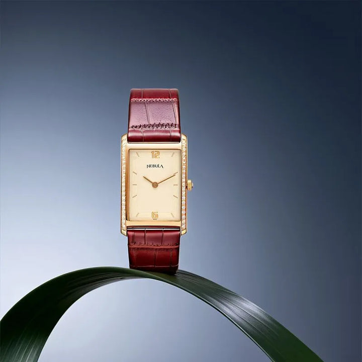 Titan Nebula Ultraslim 18k Gold Diamond Bezel Leather Strap Men&