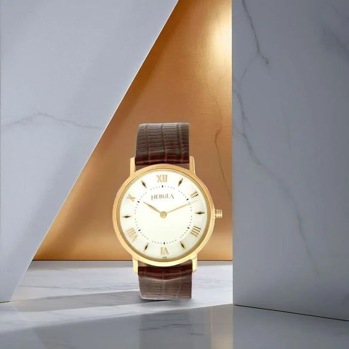 Titan Nebula Vintage 18k Gold Analog Leather Strap Men&