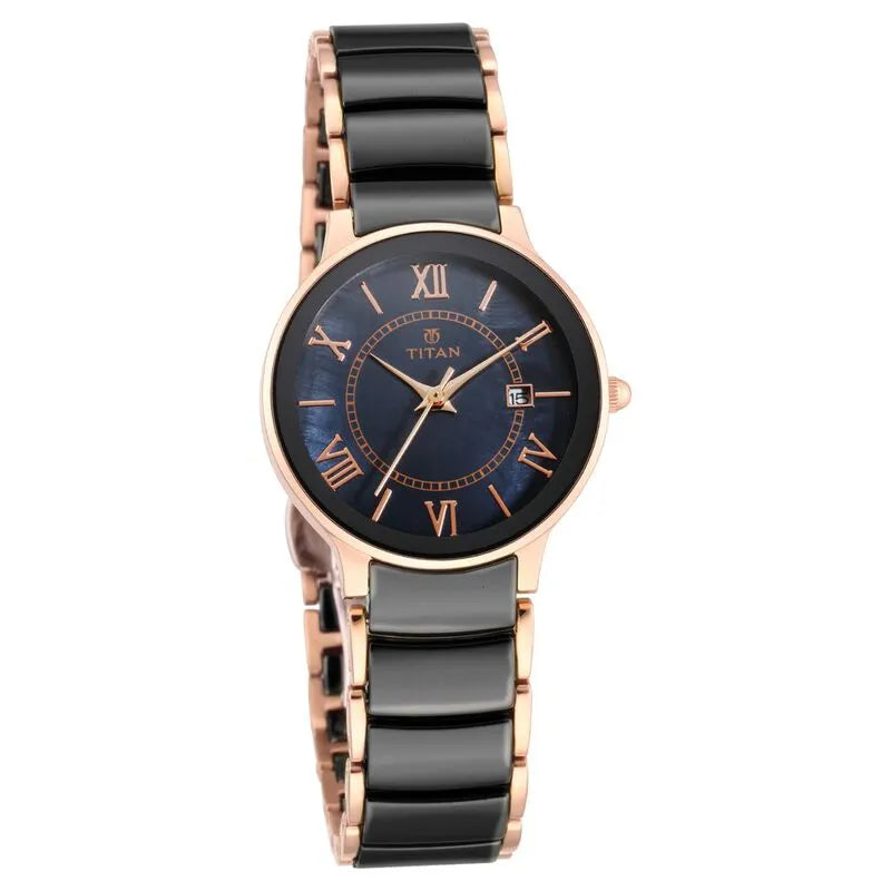 Titan Purple Quartz Analog with Date Black Dial Stainless Steel &amp; Ceramic Strap Women&