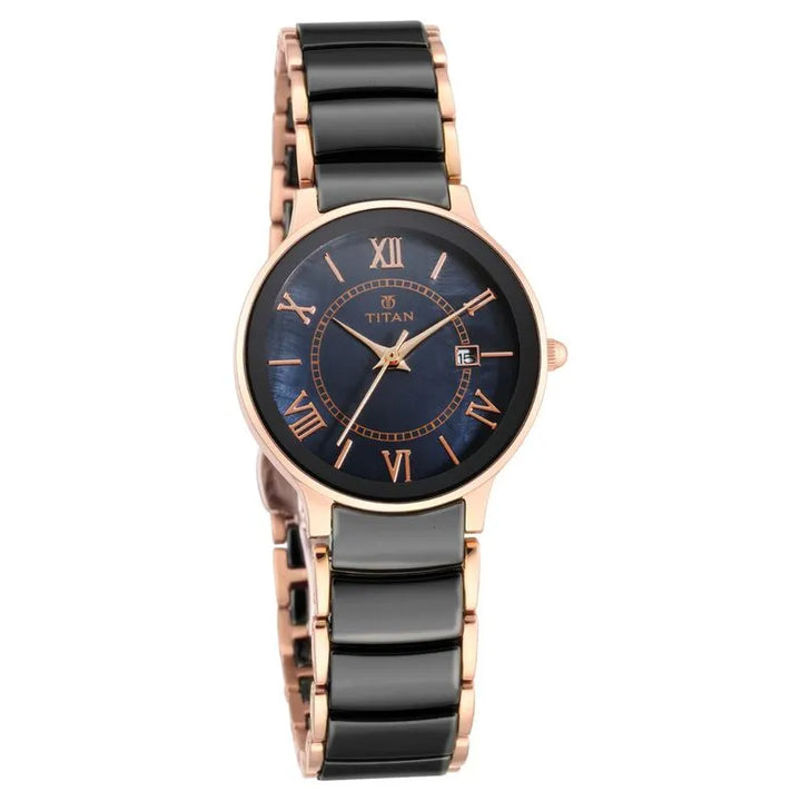 Titan Purple Quartz Analog with Date Black Dial Stainless Steel &amp; Ceramic Strap Women&