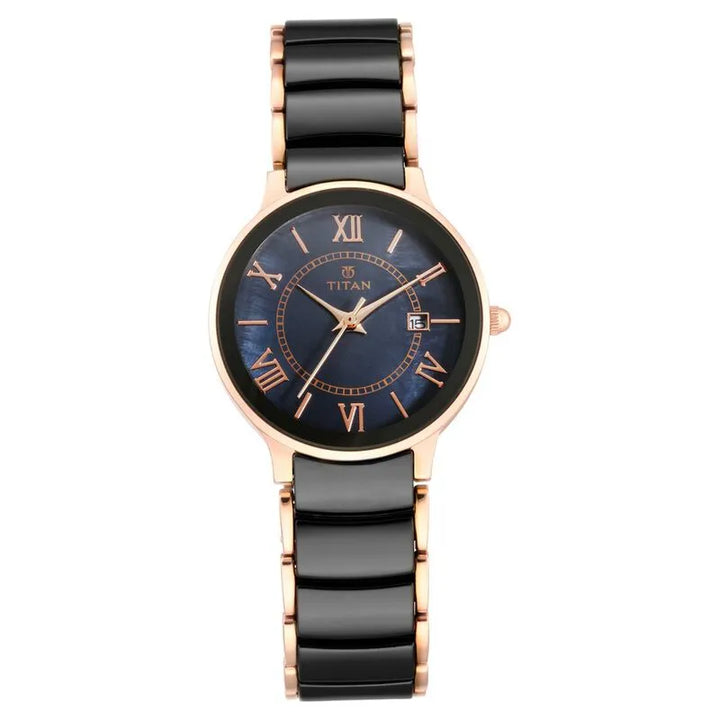 Titan Purple Quartz Analog with Date Black Dial Stainless Steel &amp; Ceramic Strap Women&