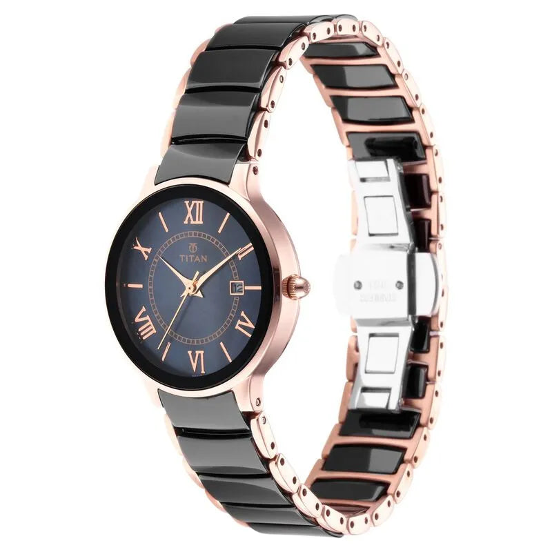 Titan Purple Quartz Analog with Date Black Dial Stainless Steel &amp; Ceramic Strap Women&