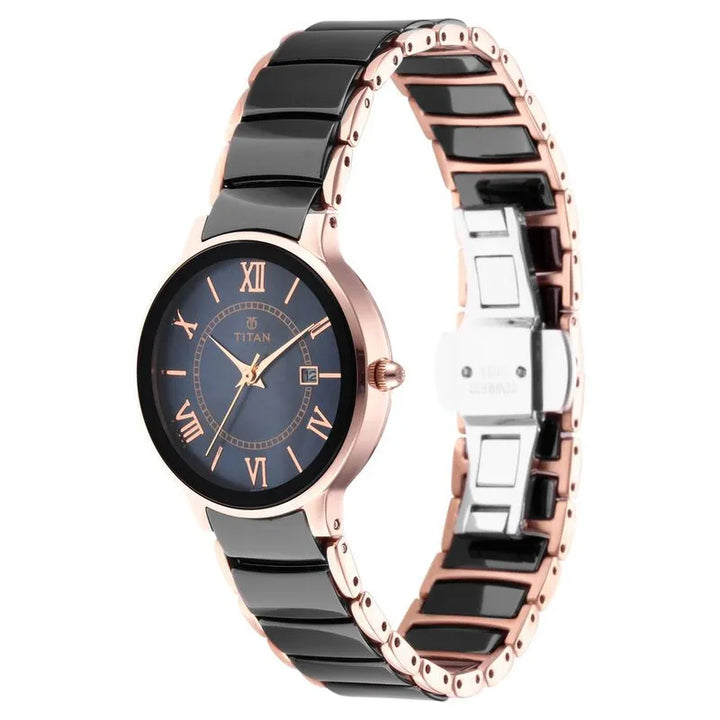 Titan Purple Quartz Analog with Date Black Dial Stainless Steel &amp; Ceramic Strap Women&