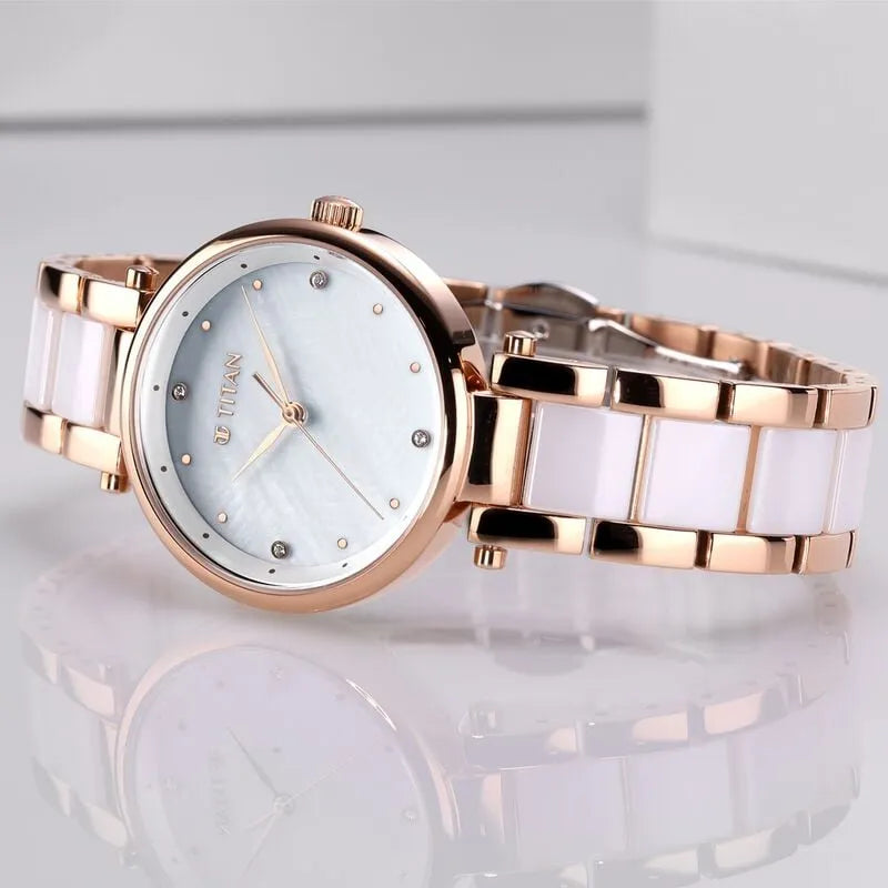 Titan Quartz Analog White Dial Ceramic Strap Women&