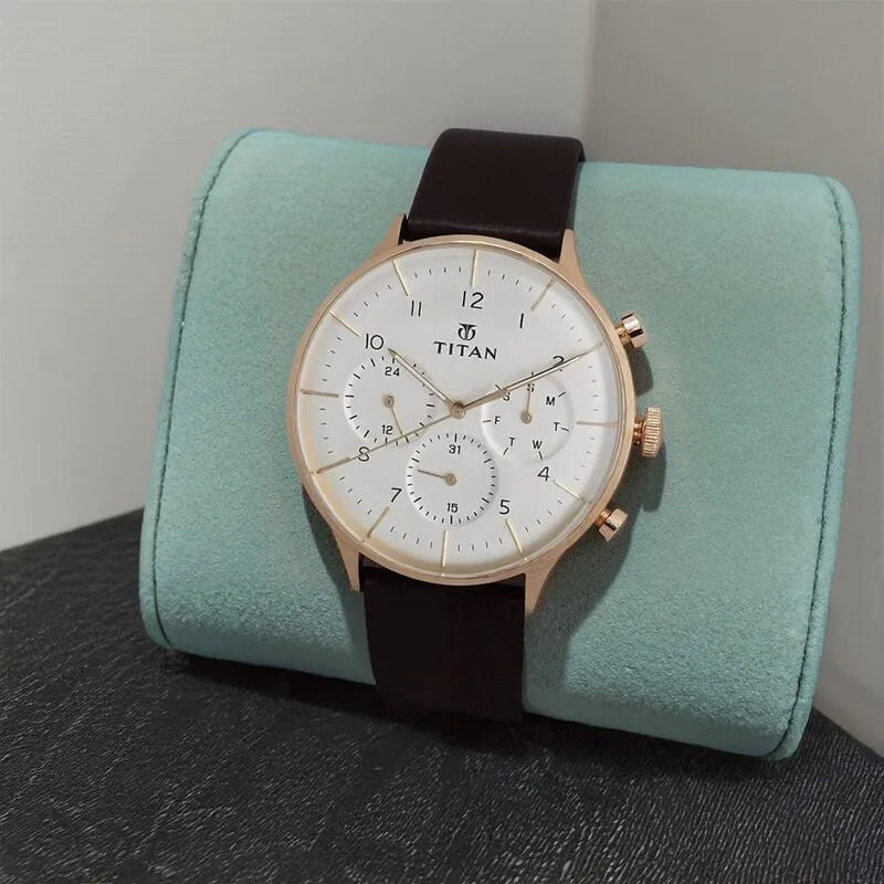 Titan Quartz Multifunction White Dial Leather Strap Men&